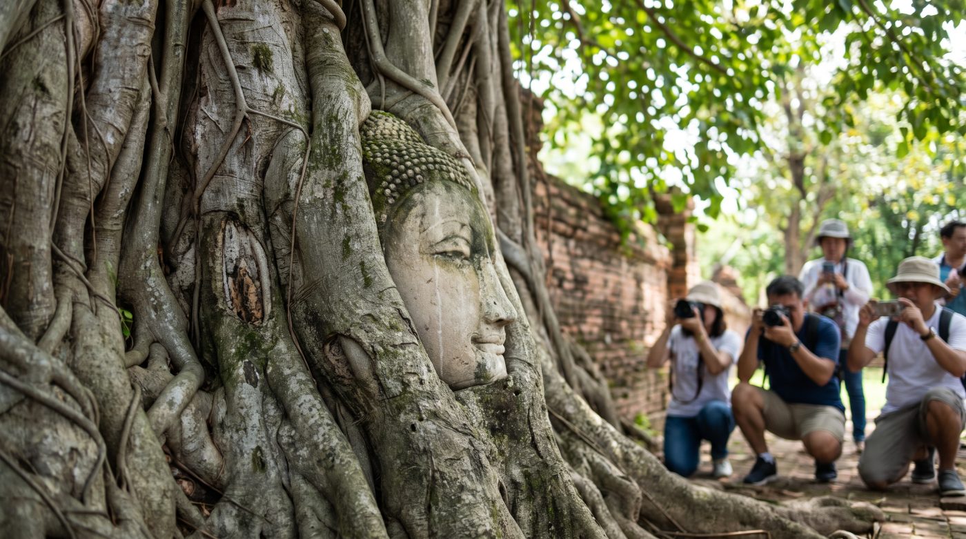The famous Buddha head entwined in tree roots at Wat Mahathat, Ayutthaya