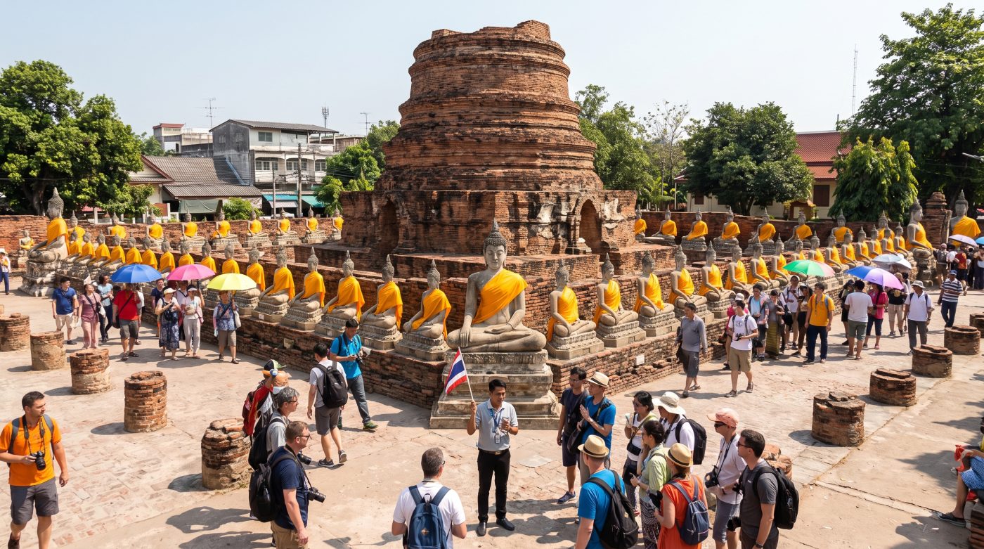 Crowds of tourists and a tour group walking through Wat Yai Chai Mongkol in Ayutthaya