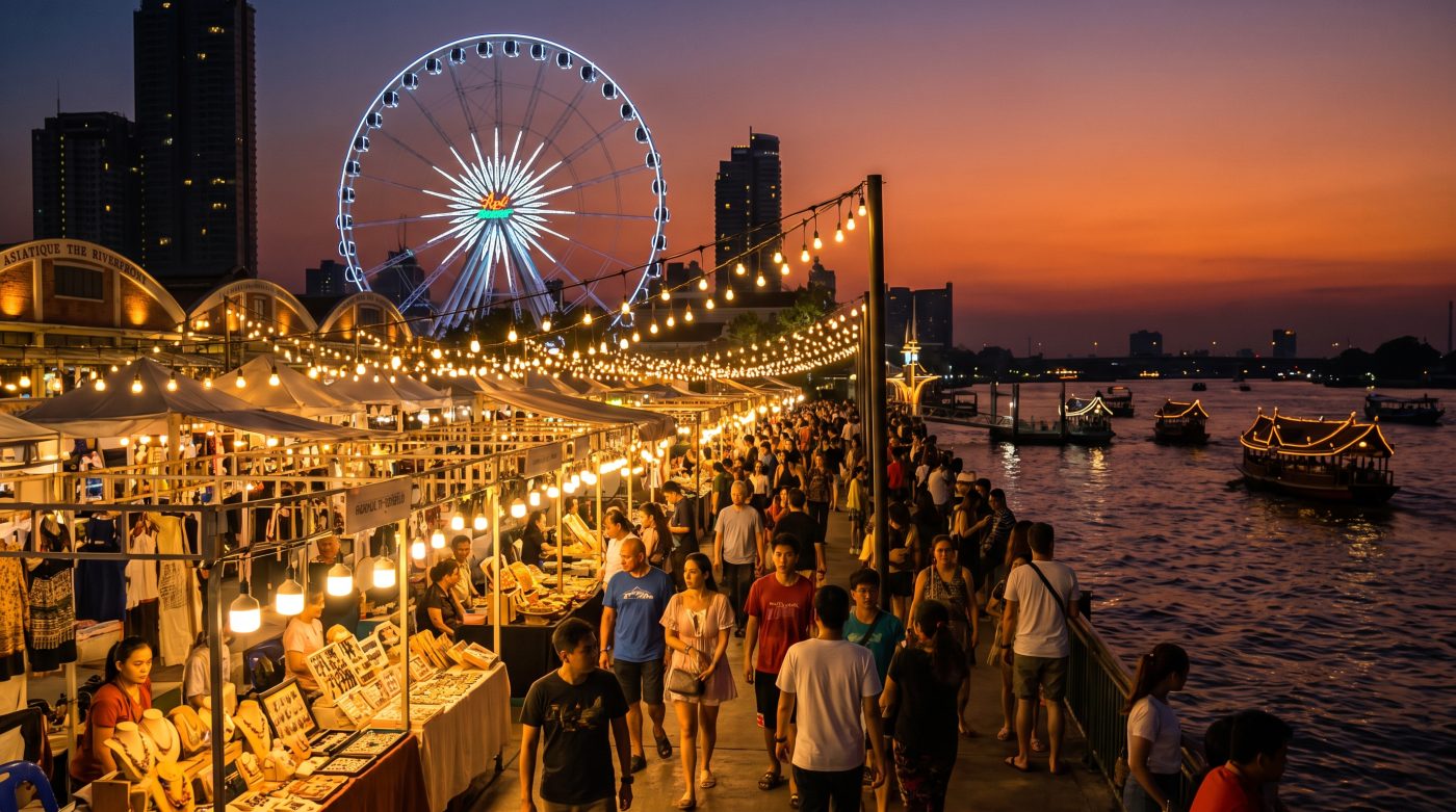 Asiatique riverside night market in Bangkok at dusk