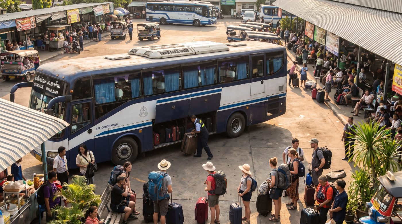 Air-conditioned coach bus loading passengers and luggage at a Bangkok bus terminal