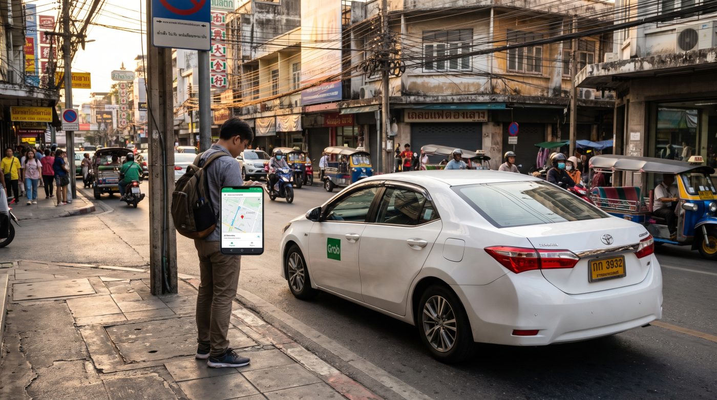 Tourist checking a ride-hailing app on a Bangkok street as a car pulls up to the curb