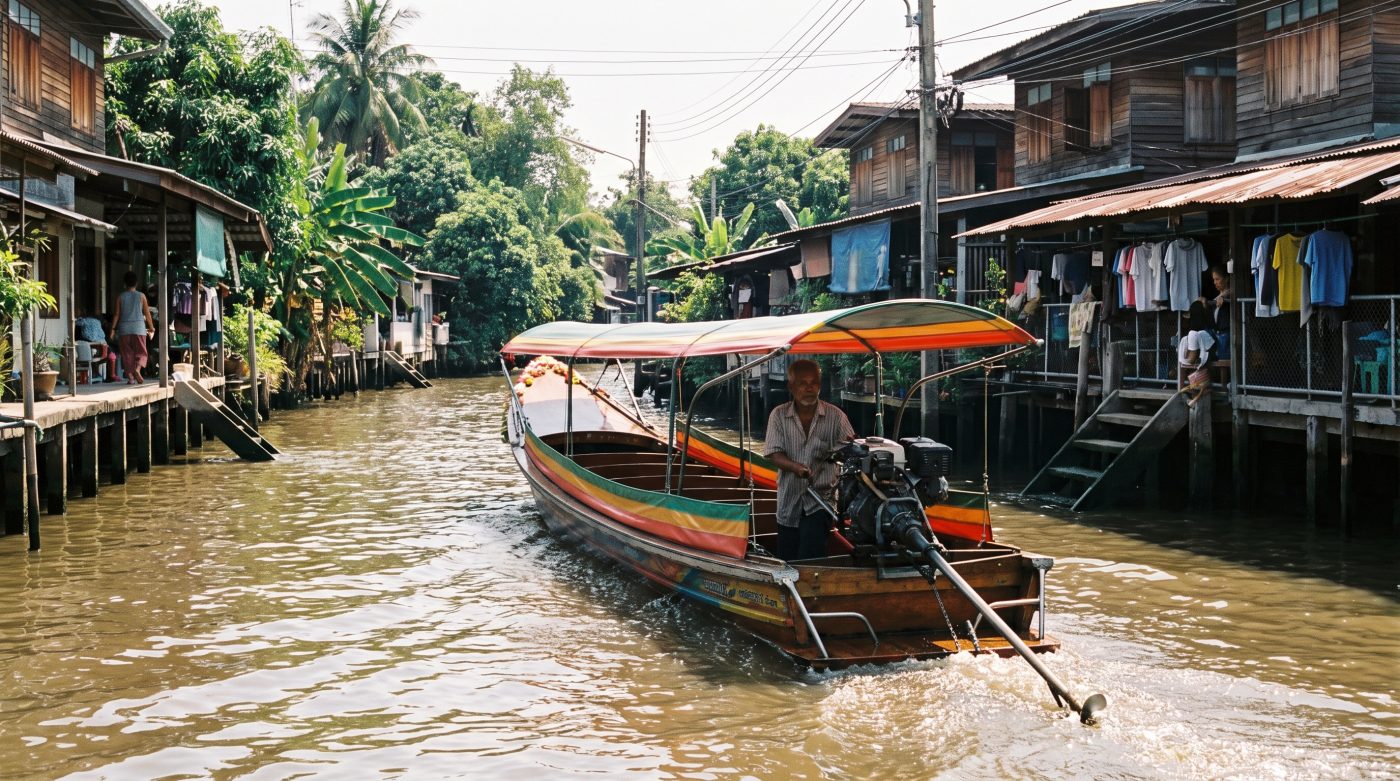 Longtail boat cruising through a Bangkok khlong canal