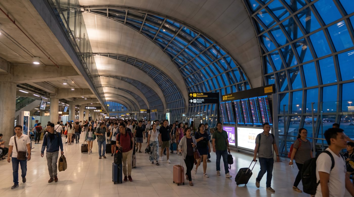 Suvarnabhumi Airport departure hall with travelers walking past flight information boards