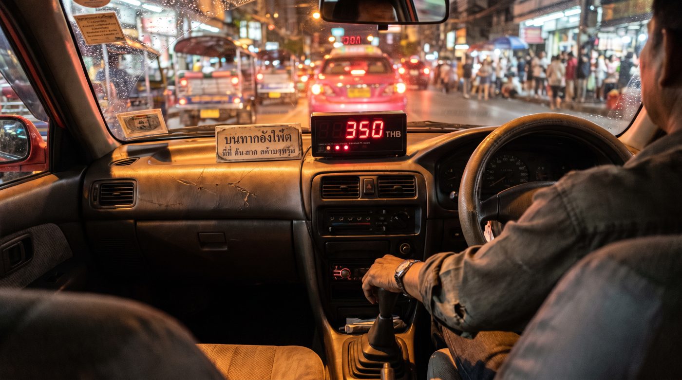 Close-up of a taxi meter display inside a Bangkok taxi