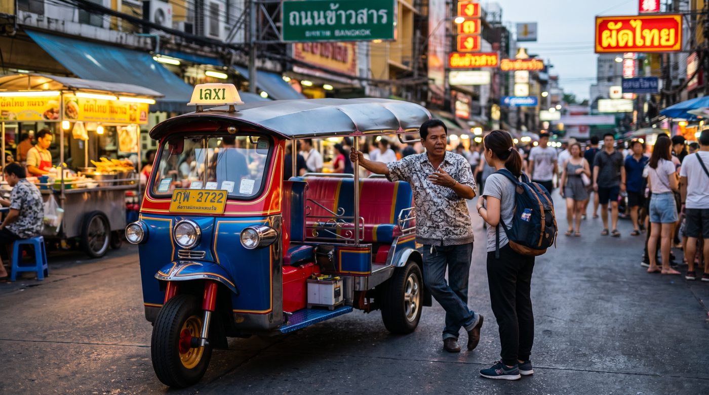 Colorful tuk-tuk parked on a Bangkok street at dusk near food stalls