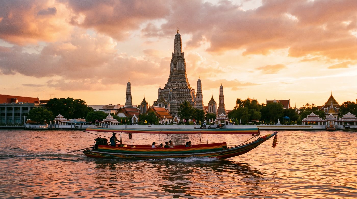 Wat Arun temple on the Chao Phraya river at golden hour with a longtail boat passing