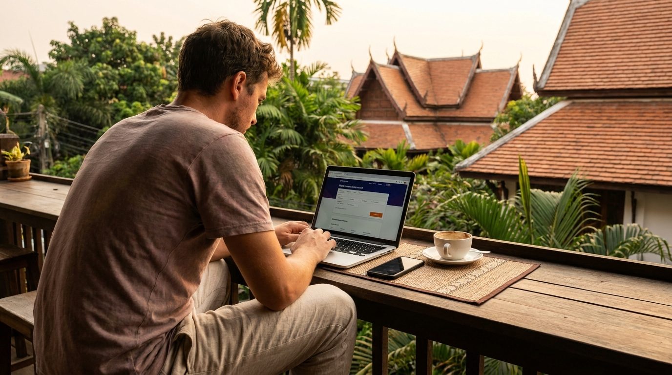 Traveler booking a flight on a laptop at a guesthouse in Chiang Mai, Thailand