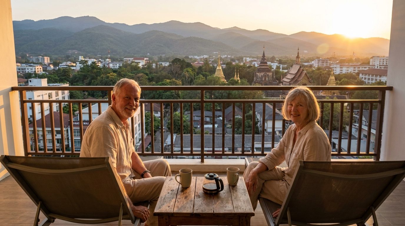 Retired couple relaxing on a Chiang Mai condo balcony at sunset