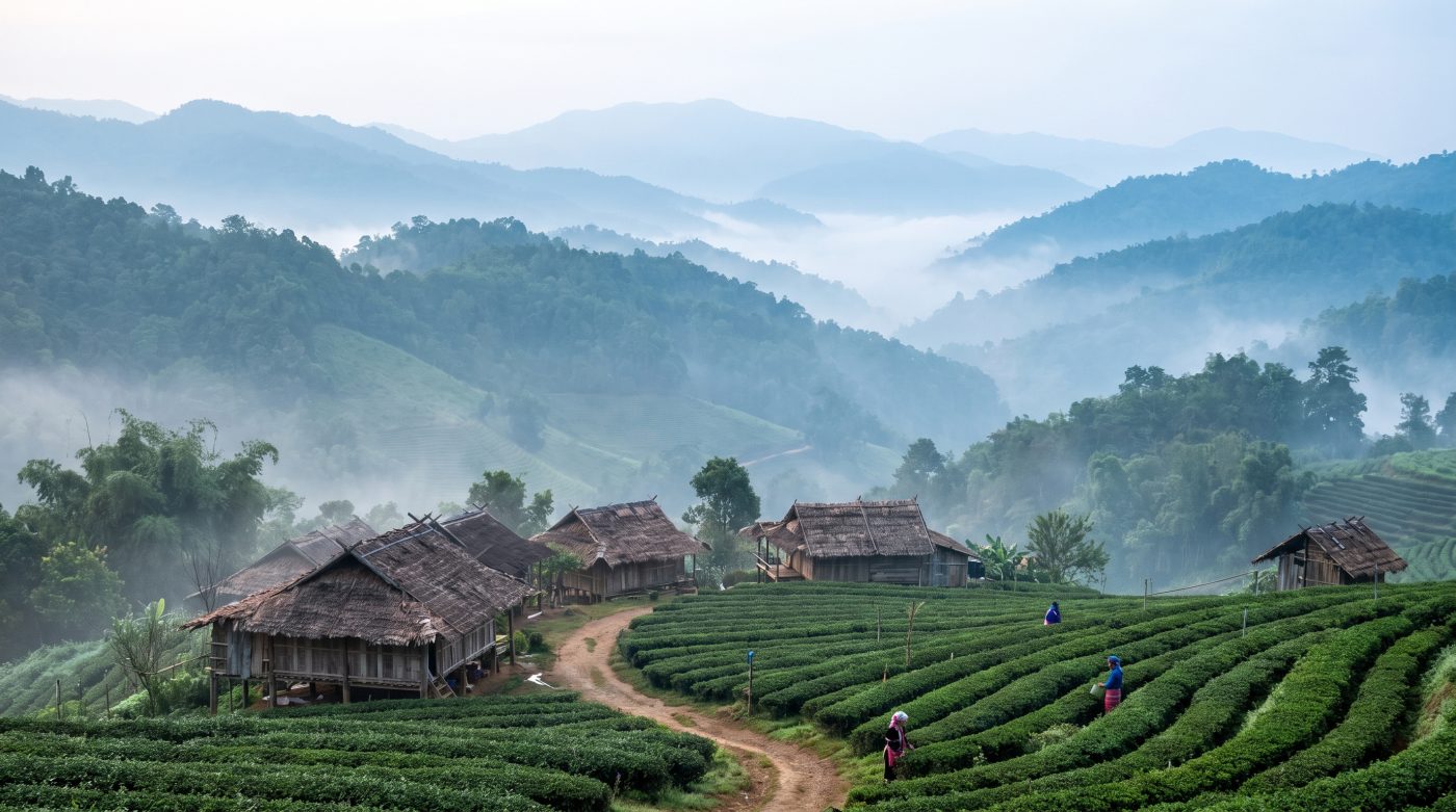 Misty countryside and hill-tribe village near Chiang Rai