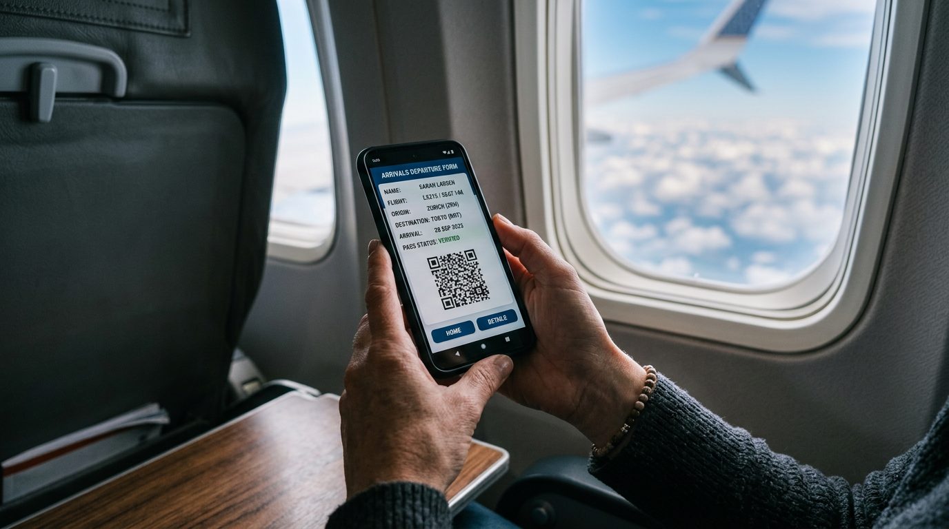 Traveler completing a digital arrival form on a smartphone during a flight