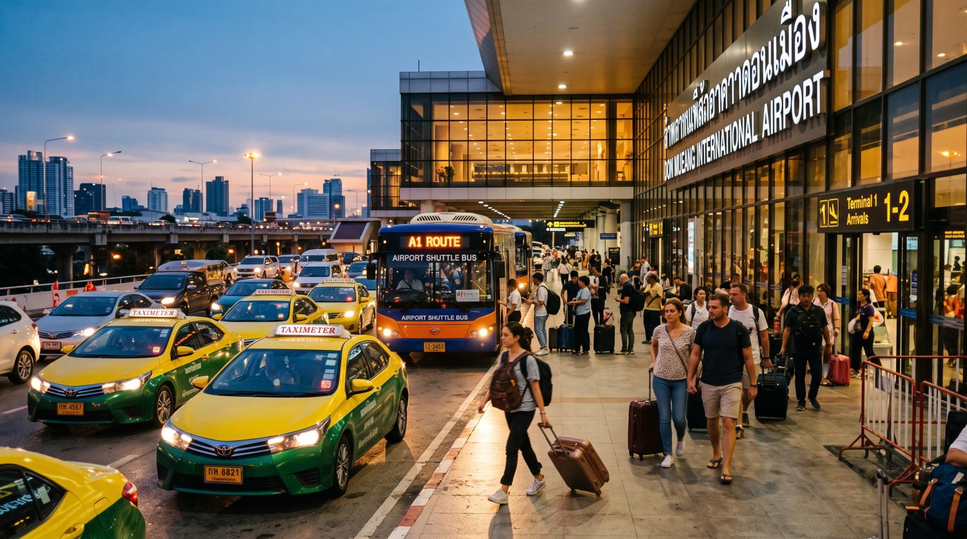 Don Mueang Airport exterior at dusk with taxi queue and shuttle bus