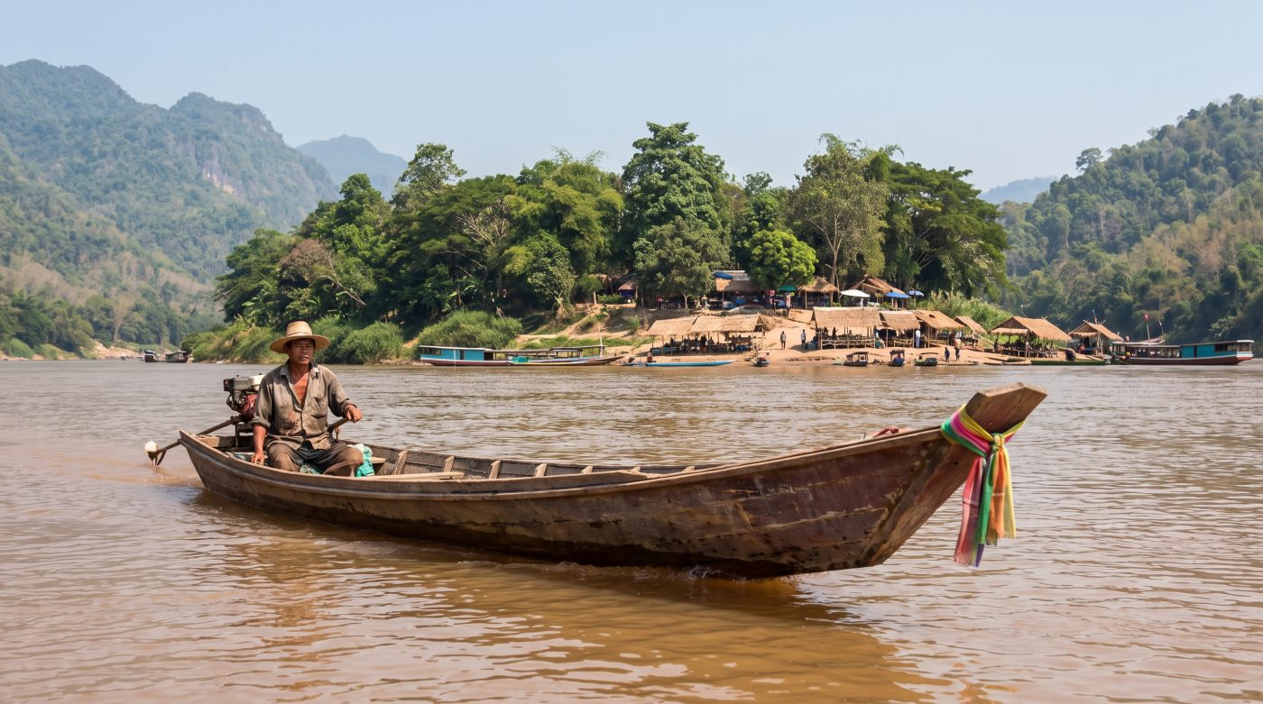 A longtail boat crossing the Mekong River toward Don Sao Island market on the Laos side of the Golden Triangle