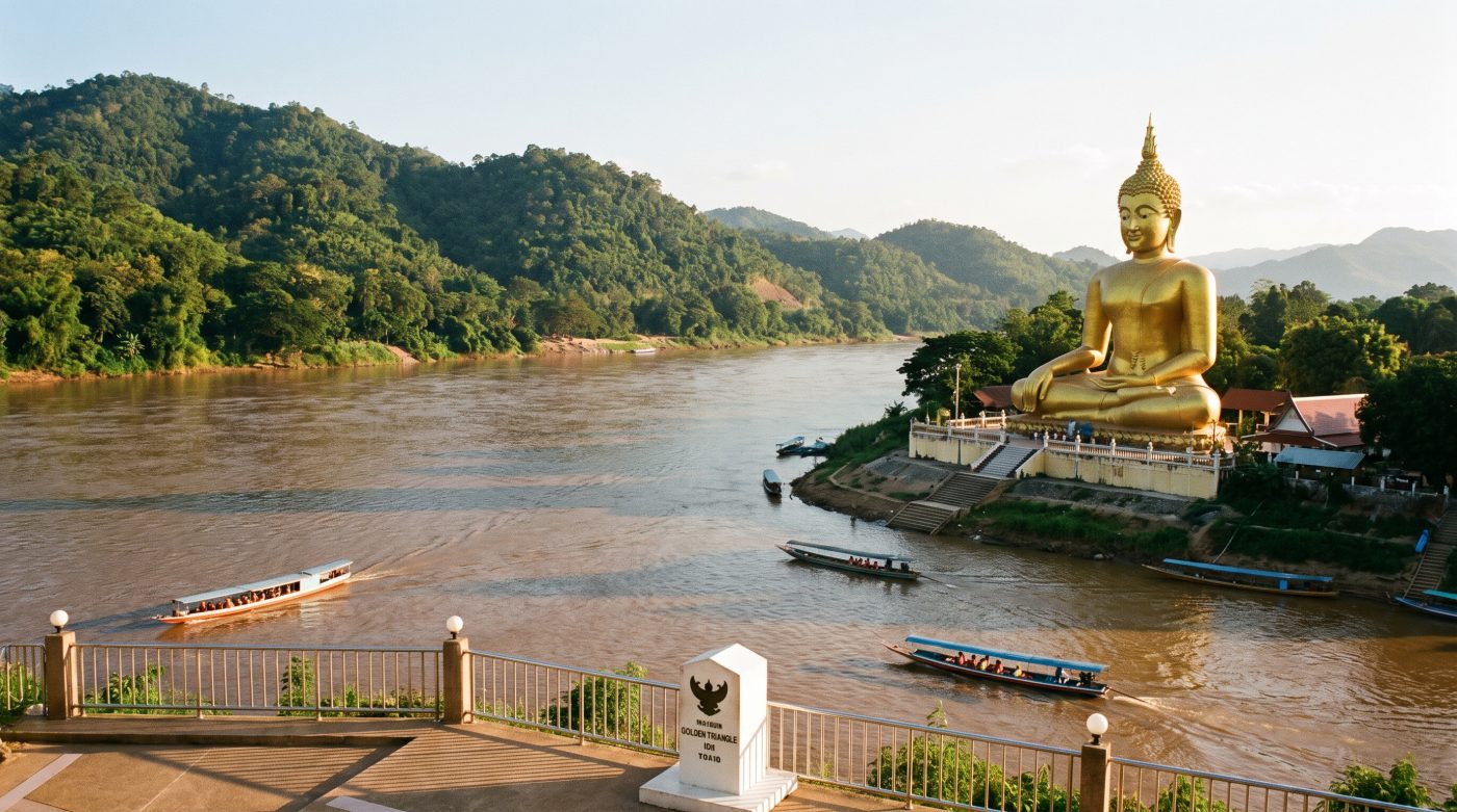 The Golden Triangle viewpoint at Sop Ruak where Thailand, Laos, and Myanmar meet on the Mekong River