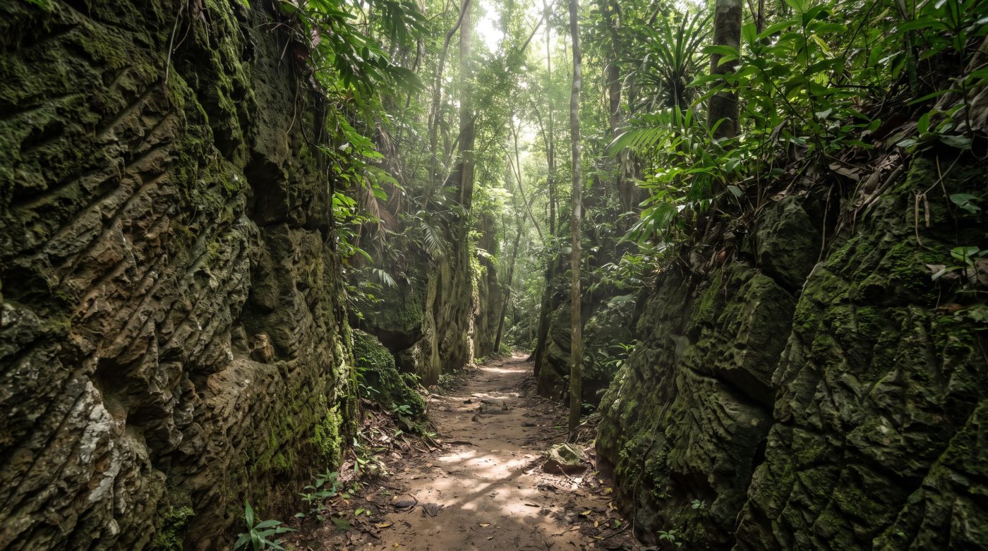 The Hellfire Pass memorial walking trail near Kanchanaburi, a path cut through a jungle rock cutting