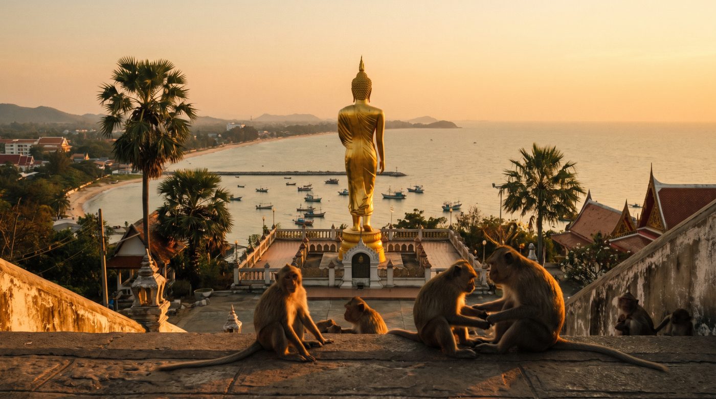 Hilltop Buddhist temple and Buddha statue at Khao Takiab, Hua Hin, overlooking the coast at sunset