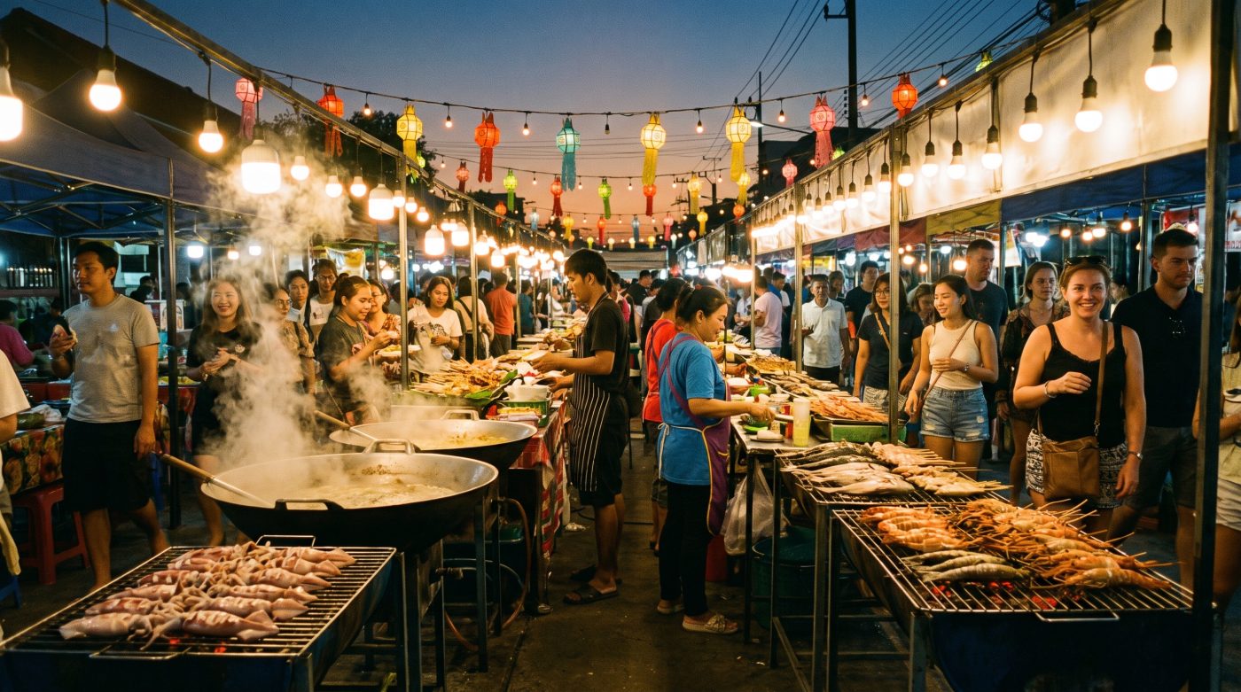 Food stalls with grilled seafood and string lights at Hua Hin night market