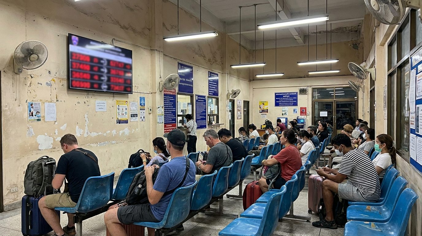 Waiting area inside a Thai immigration office with a digital queue number display