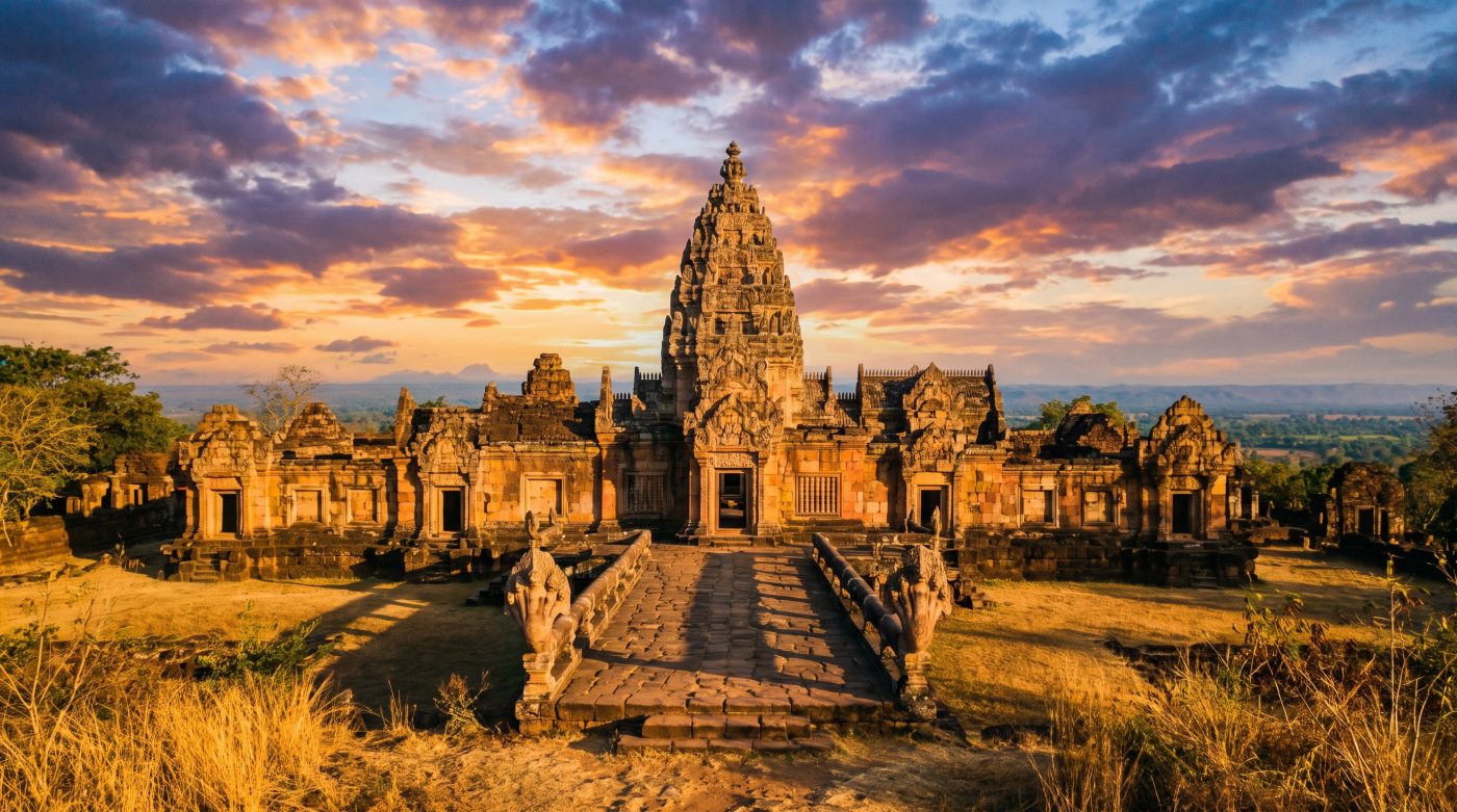 Phanom Rung ancient Khmer sanctuary in Buriram, Thailand, lit by golden hour sunlight