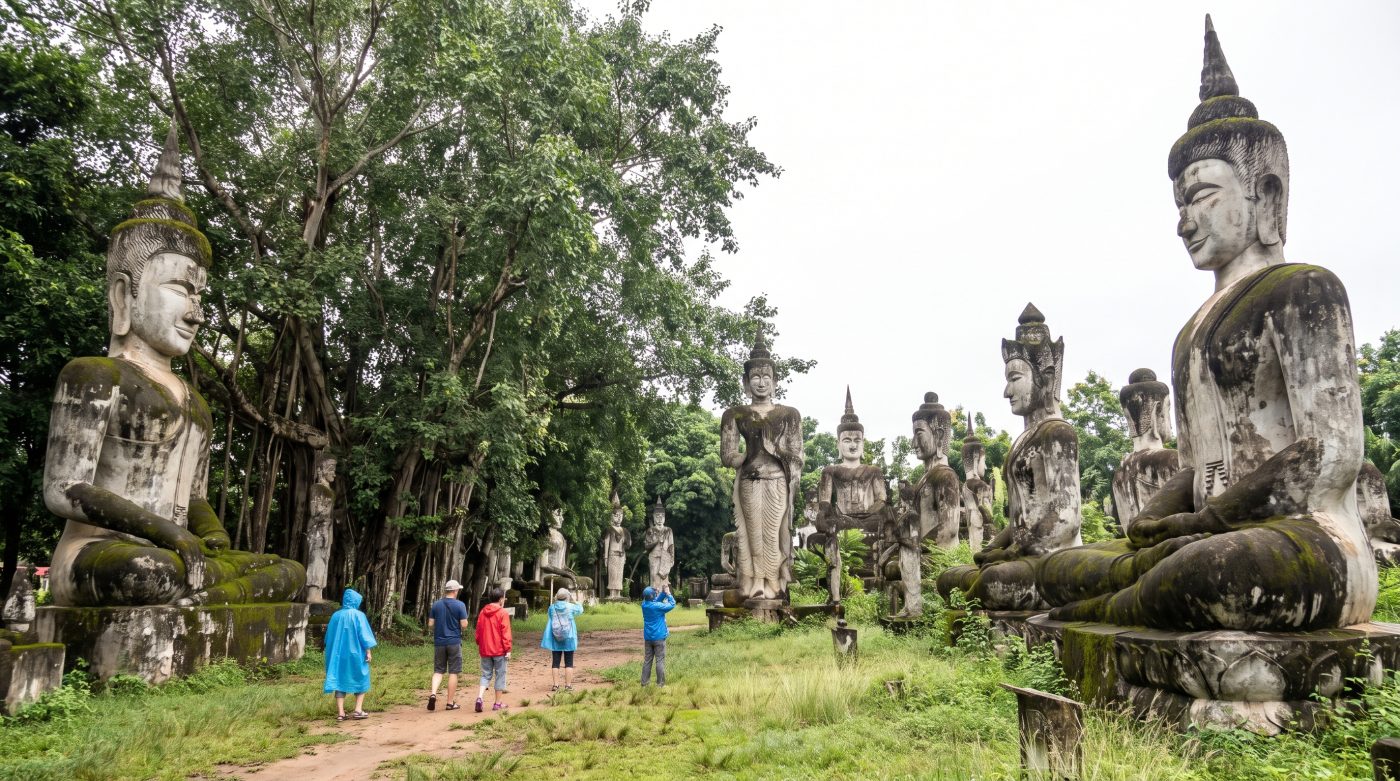 Rows of large, surreal concrete Buddhist and Hindu statues at Sala Kaew Ku sculpture park in Nong Khai, Thailand