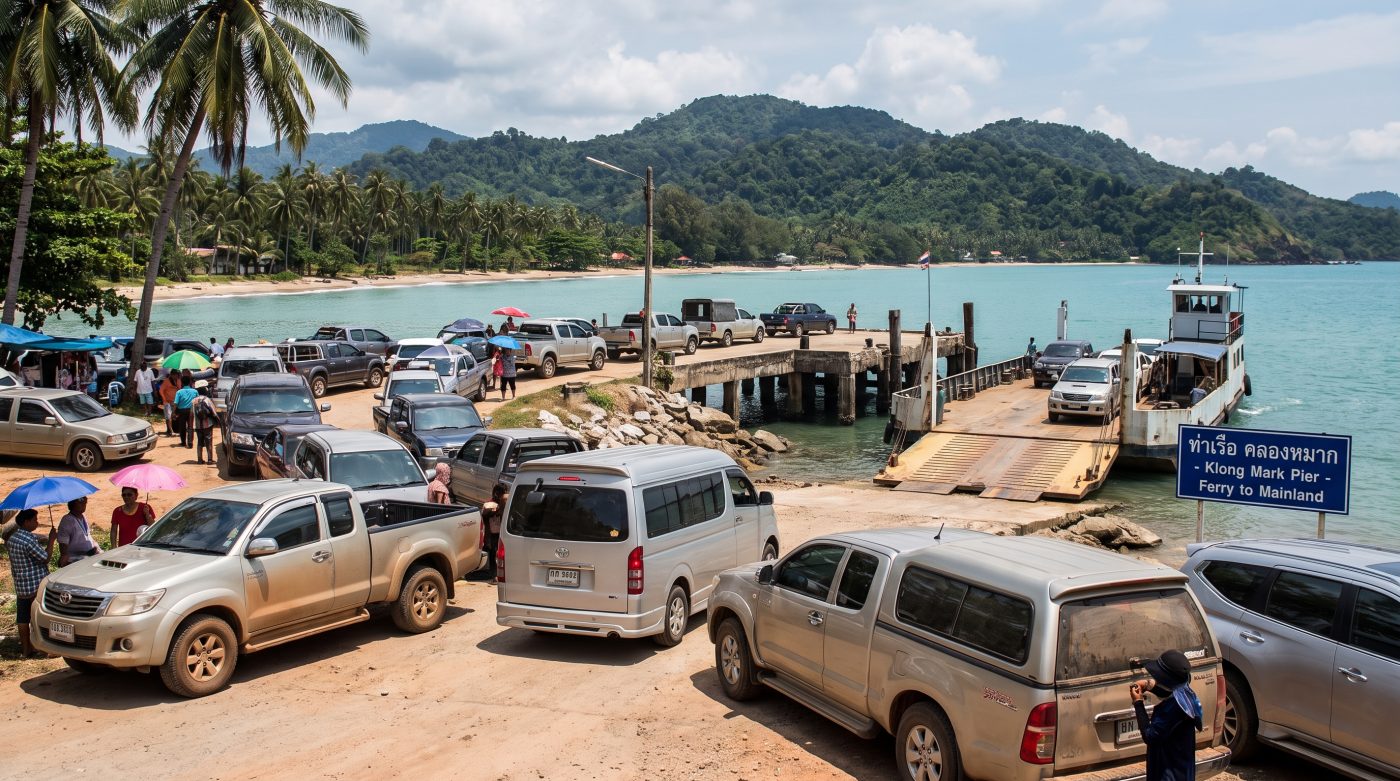 Vehicles queued at a small car ferry crossing pier on Koh Lanta, Thailand during peak season