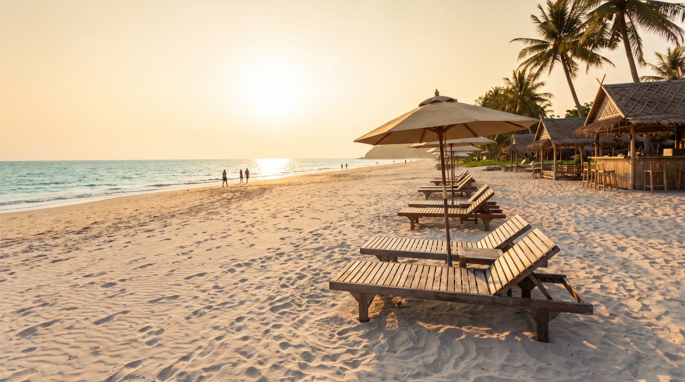 Quiet stretch of Long Beach (Phra Ae) on Koh Lanta at sunset with empty loungers and calm water
