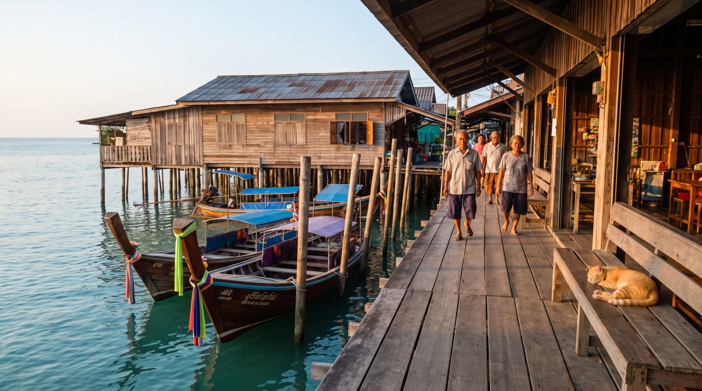Traditional wooden stilt houses over the water in Koh Lanta Old Town, Thailand