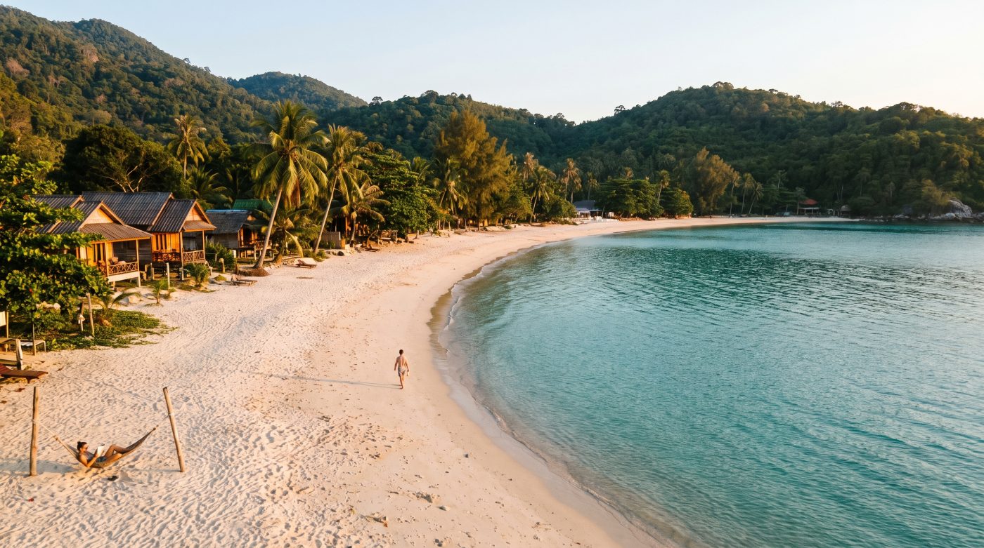 Quiet crescent beach at Thong Nai Pan Bay on the northern coast of Koh Phangan at golden hour