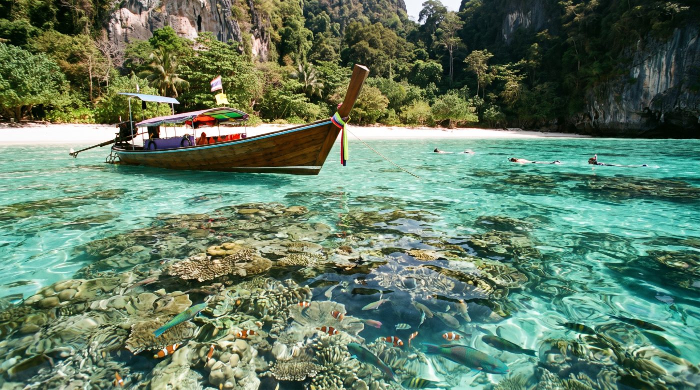 Shallow coral reef and clear water near Koh Rok, Thailand, with a longtail boat anchored nearby
