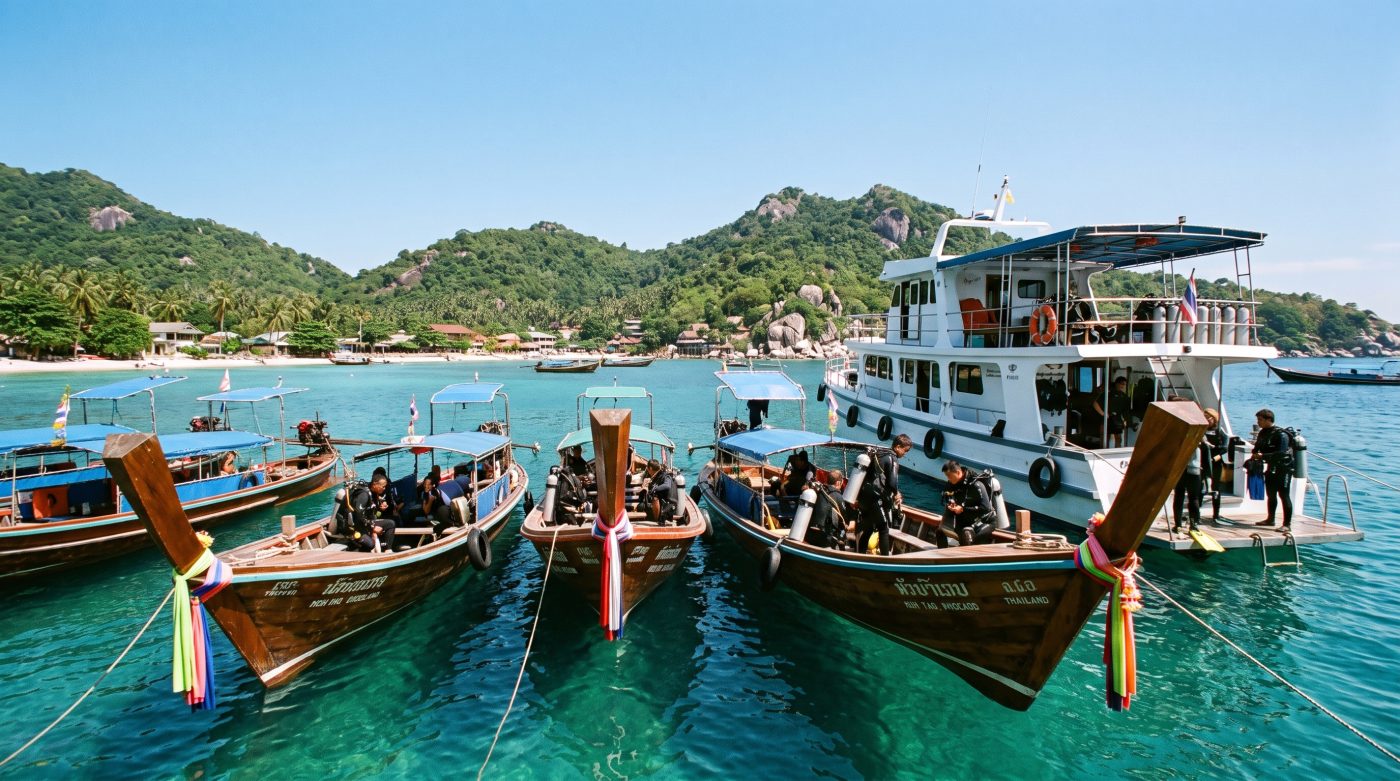 Dive boats anchored in clear water off Sairee Beach on Koh Tao, Thailand