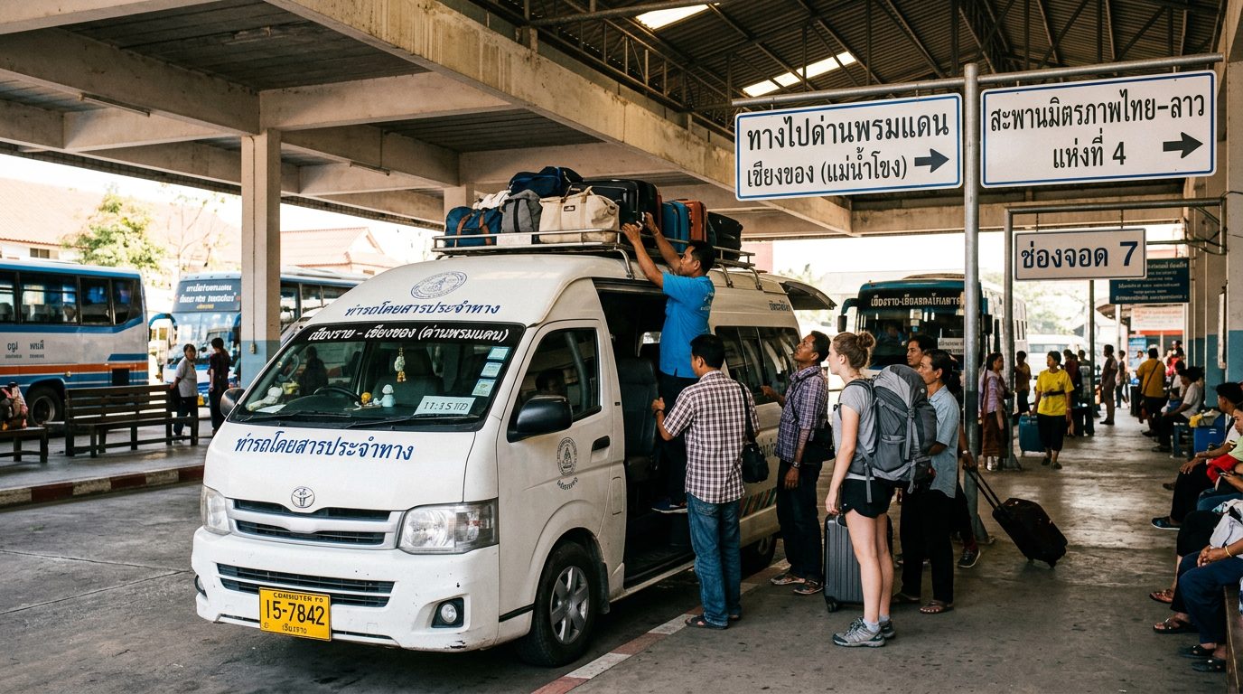 Travelers boarding a minivan with luggage heading toward a Thailand border crossing town