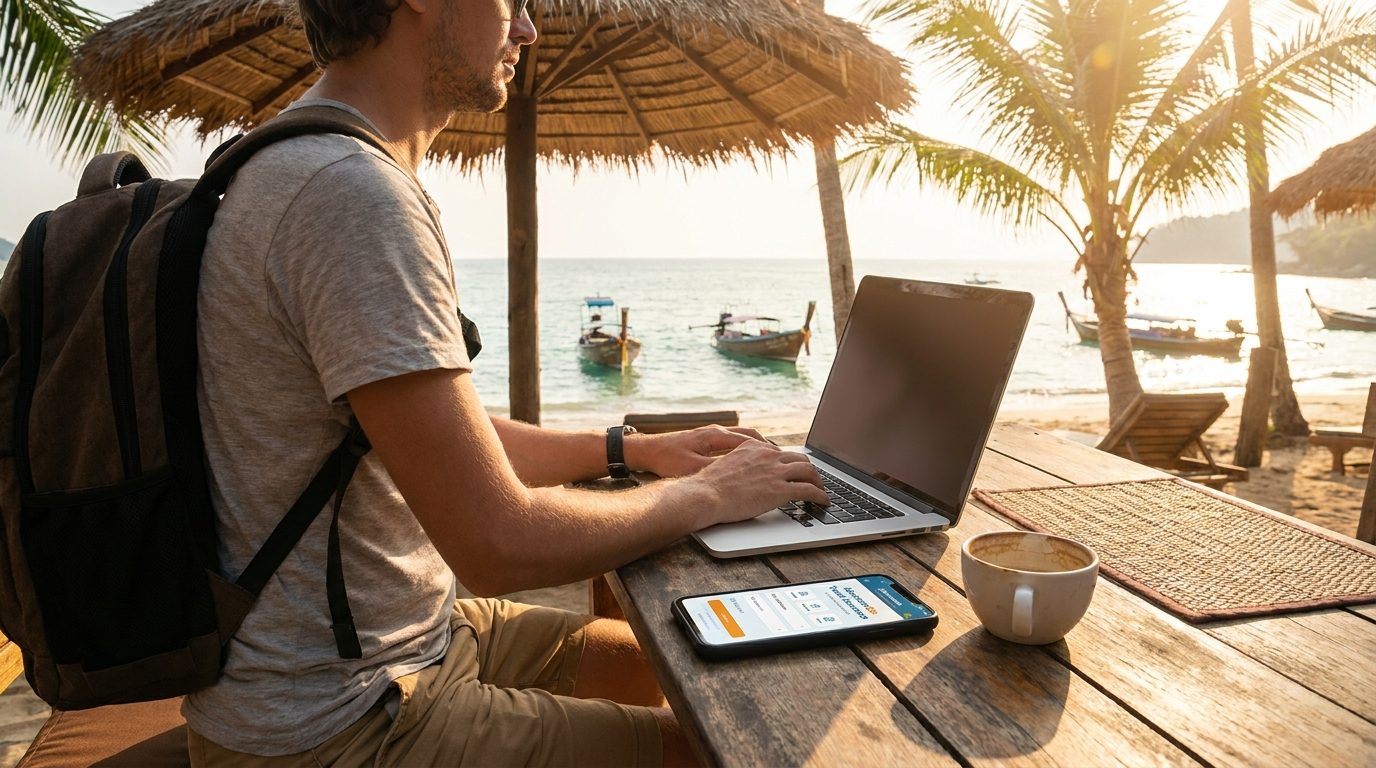 Digital nomad working on a laptop at a beach cafe in Thailand