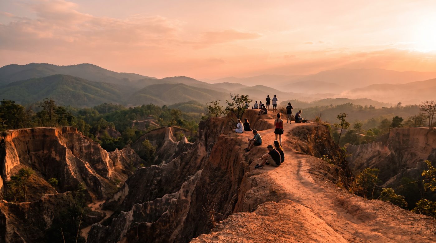 Sunset view from Pai Canyon with tourists along a narrow red-dirt ridge trail