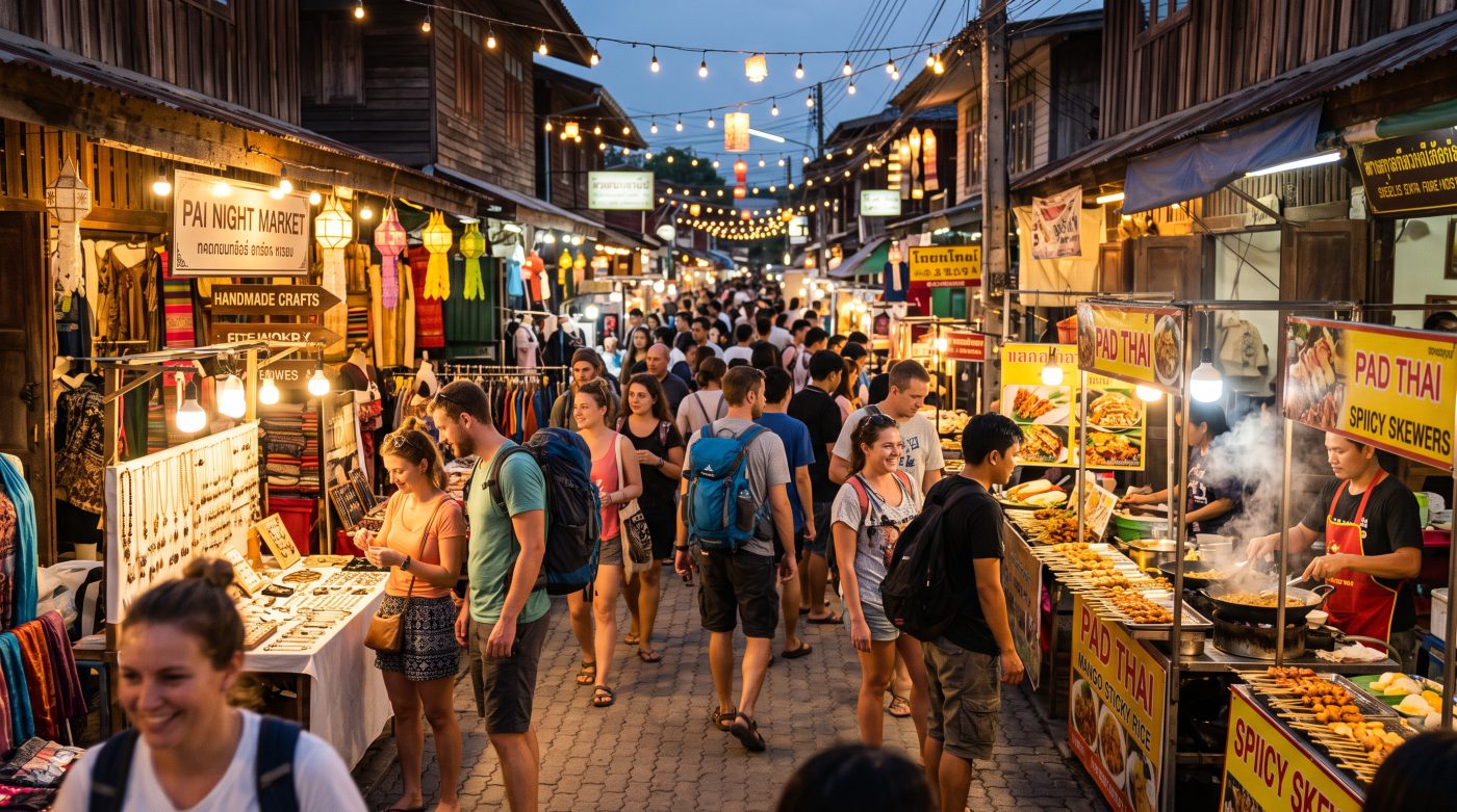Pai's walking street night market with food stalls and string lights at dusk