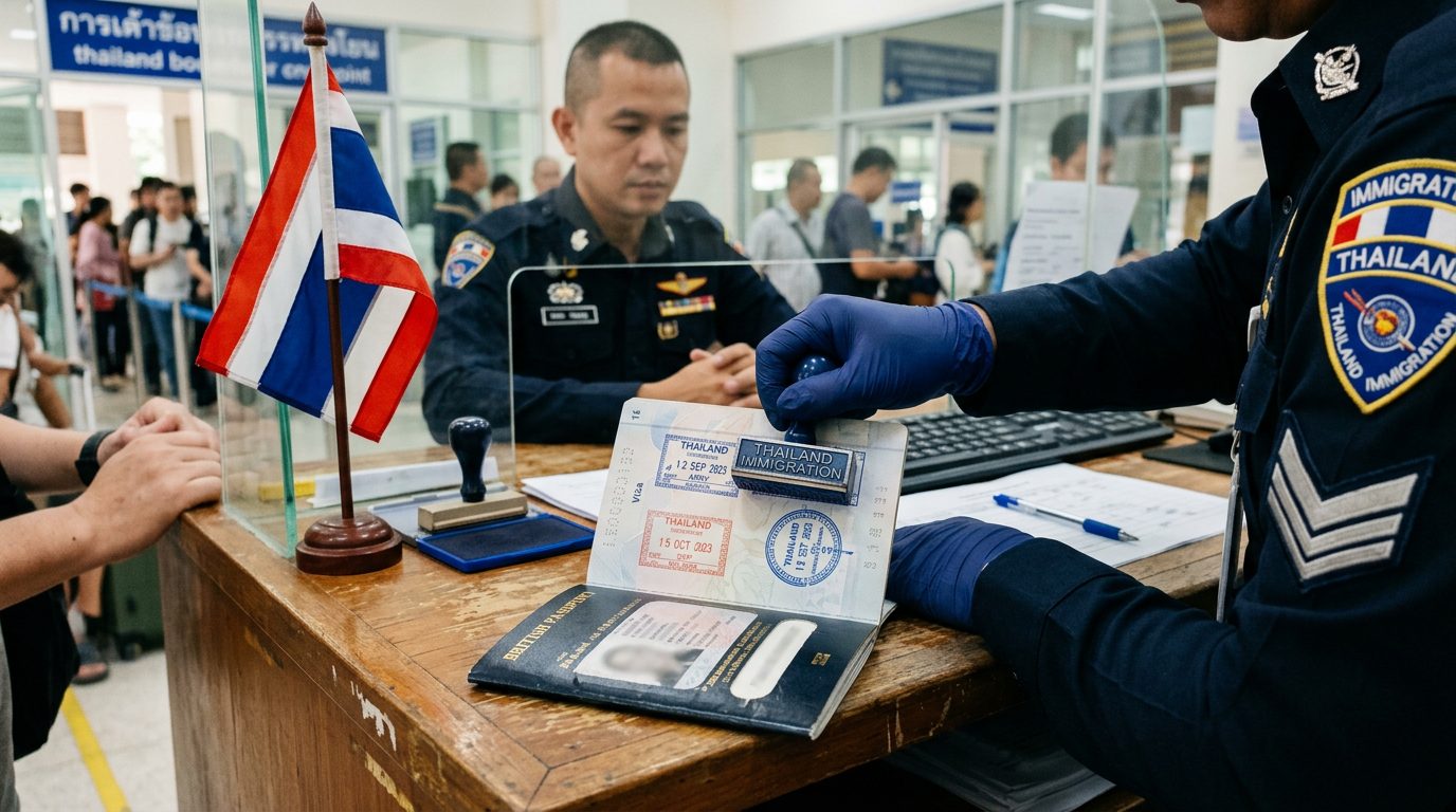 Close-up of a passport being stamped with entry stamps at an immigration counter