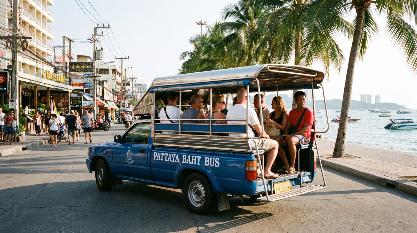 Blue songthaew baht bus on Pattaya Beach Road