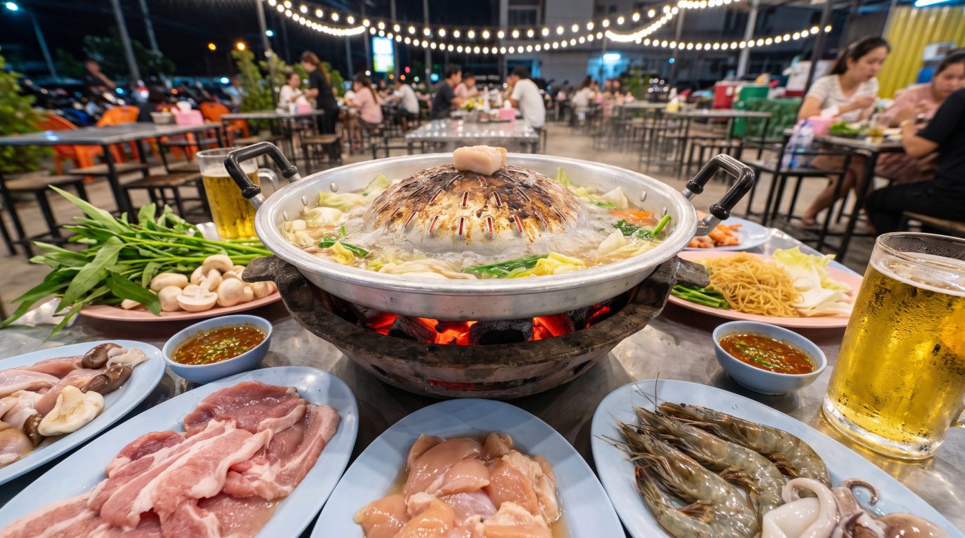 Thai moo kratha barbecue hotpot with raw meat and seafood platters
