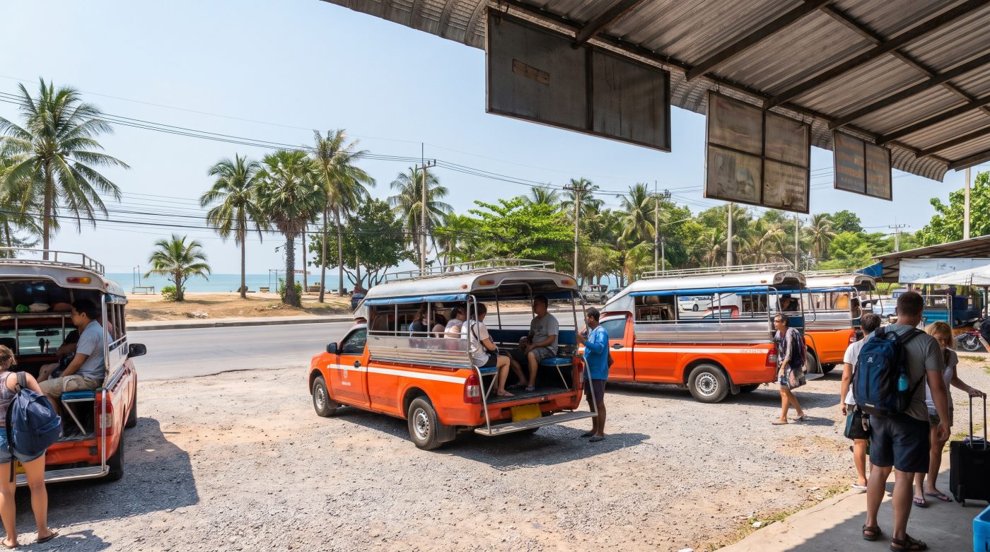 Songthaew shared taxis waiting at a small bus station in North Pattaya with palm trees in the background