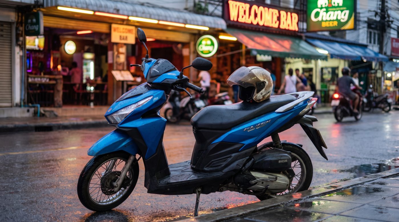 Rented scooter parked on a Pattaya side street at dusk