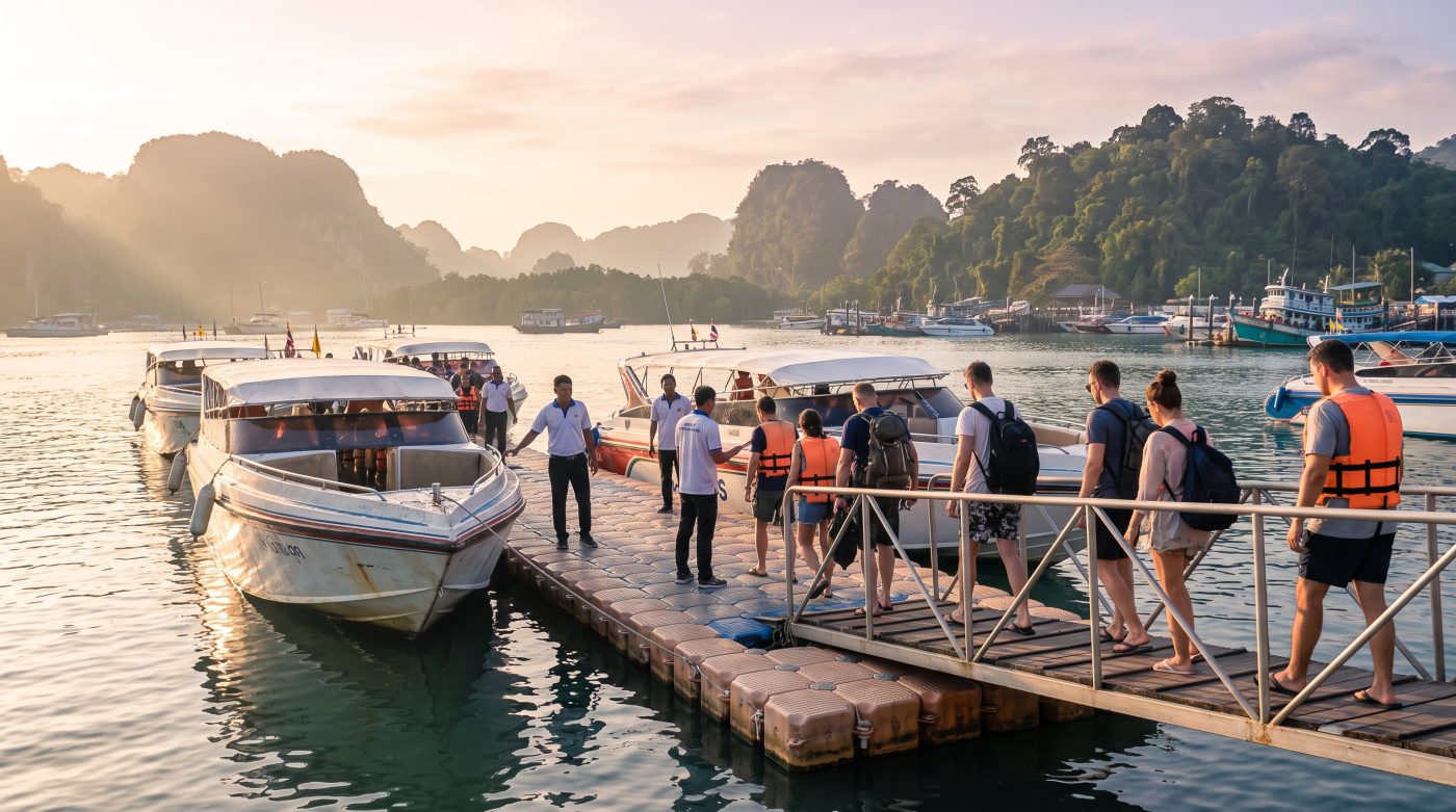 Tourists boarding speedboats at Rassada Pier in Phuket at sunrise for a Phi Phi day trip