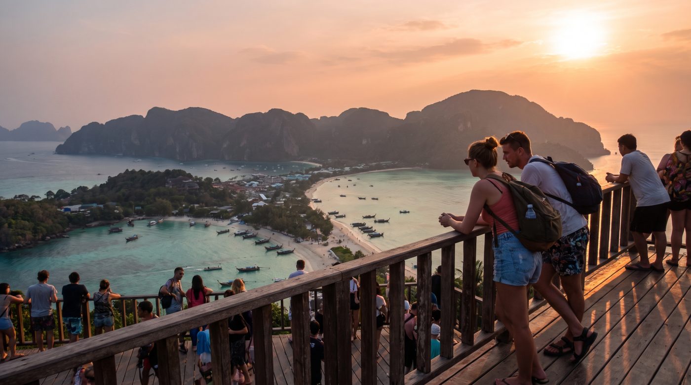 Sunset view from Phi Phi Don's viewpoint over Ton Sai and Loh Dalum bays