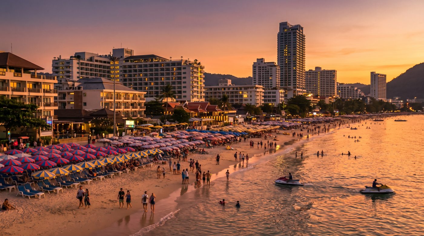Crowded Patong Beach in Phuket, Thailand at sunset with hotels lining the shore