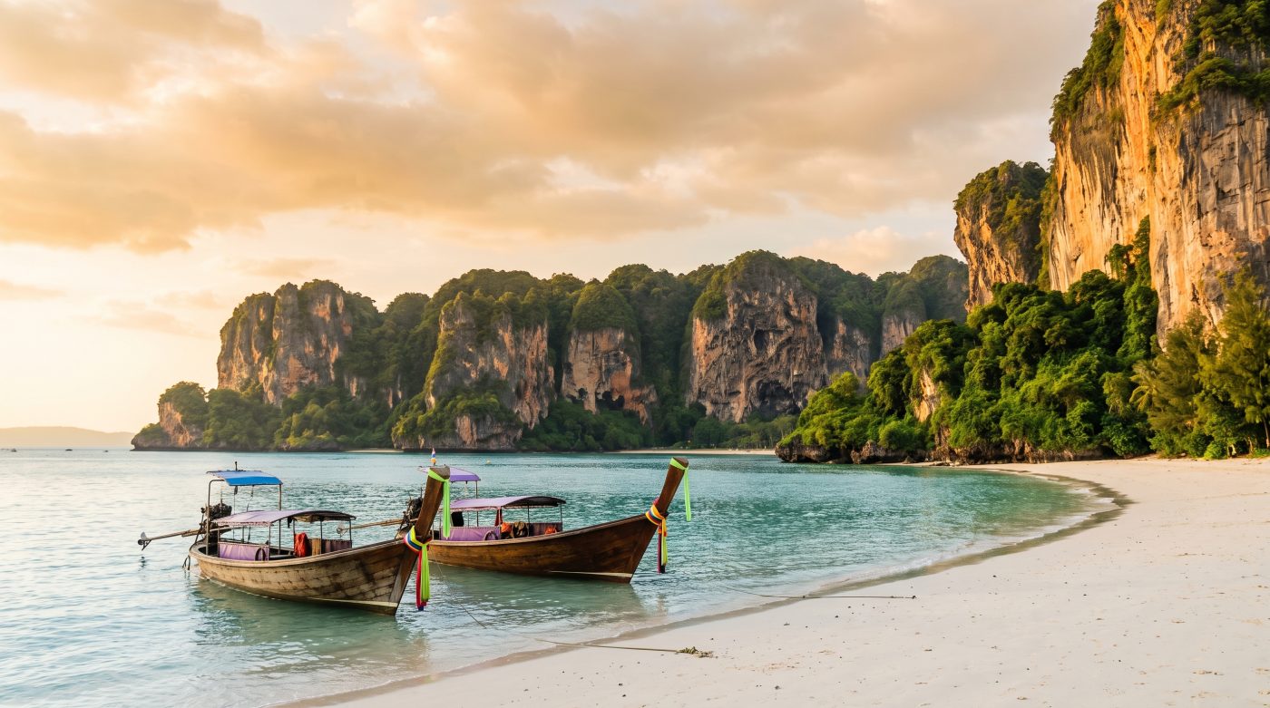 Phra Nang Beach at Railay with towering limestone karst cliffs, turquoise water, and anchored longtail boats in late afternoon light