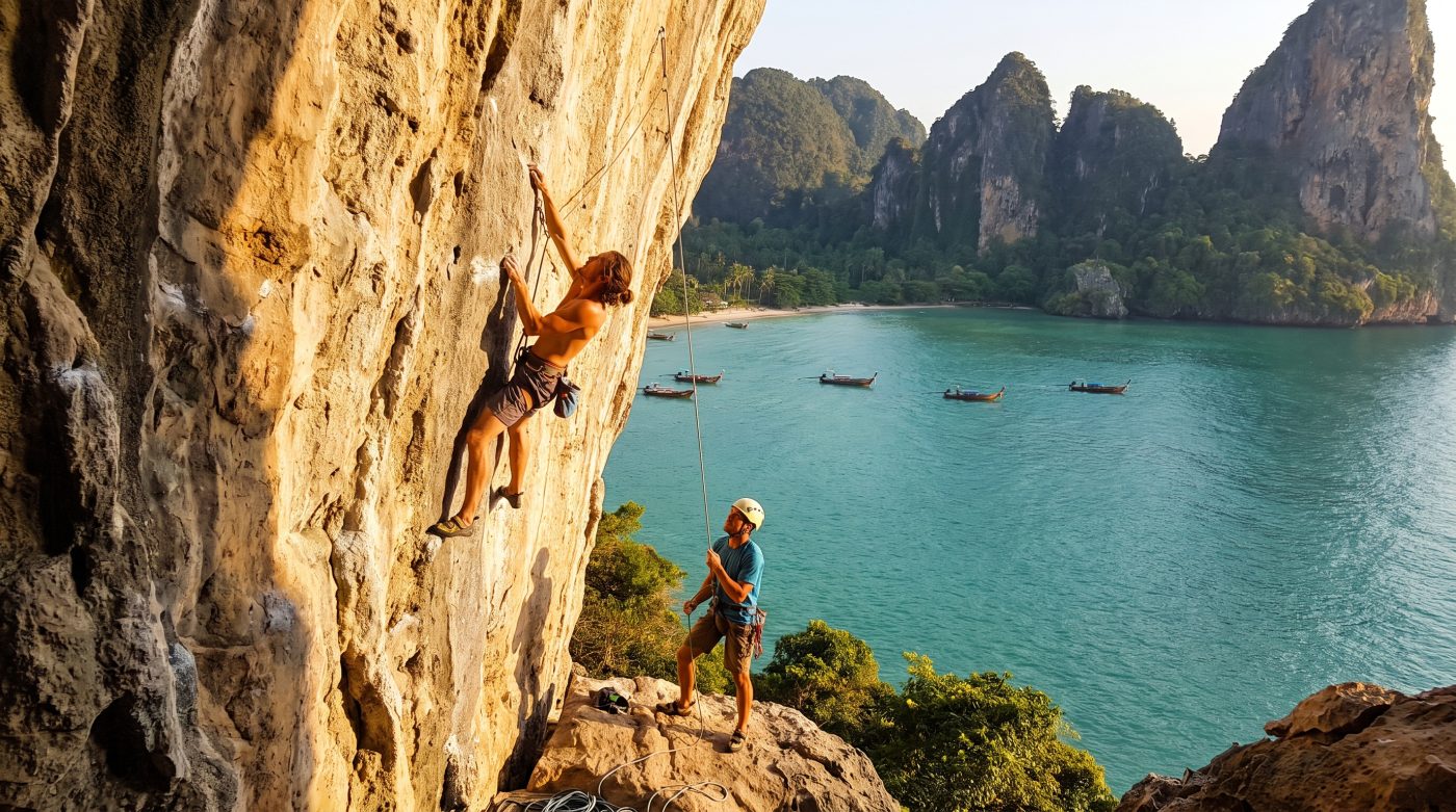 A rock climber on a limestone cliff face at Railay Beach, guide belaying from below, turquoise sea in the background