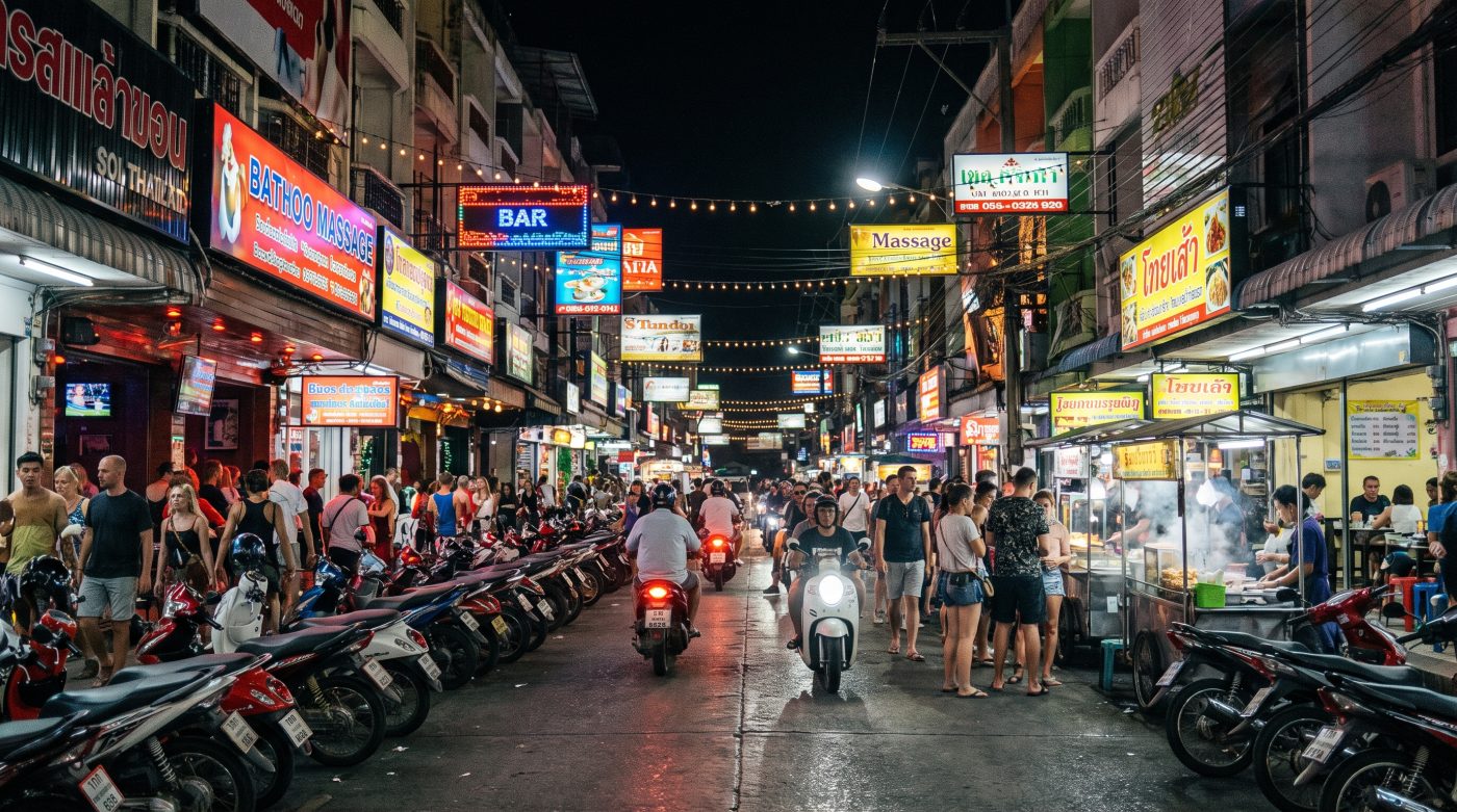 Busy Soi Buakhao street at night with neon signs and motorbikes