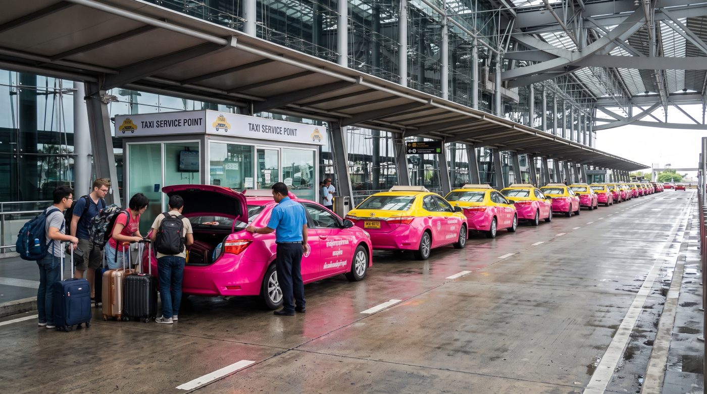 Metered taxi queue at Suvarnabhumi Airport arrivals level with travelers loading luggage