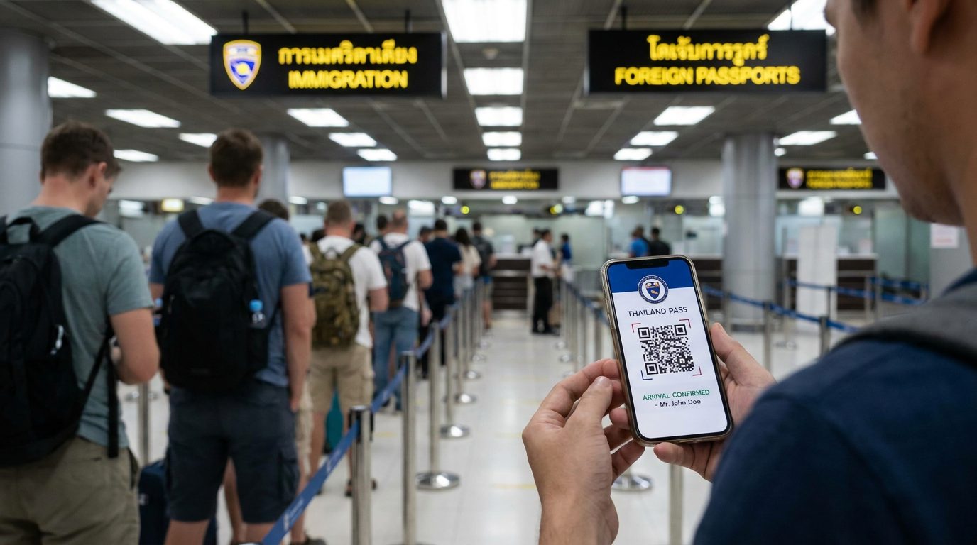 Close-up of a phone showing the TDAC QR code confirmation screen before Thailand immigration