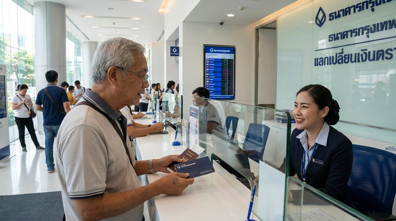 Foreign retiree opening a Thai bank account with a bank teller in Bangkok