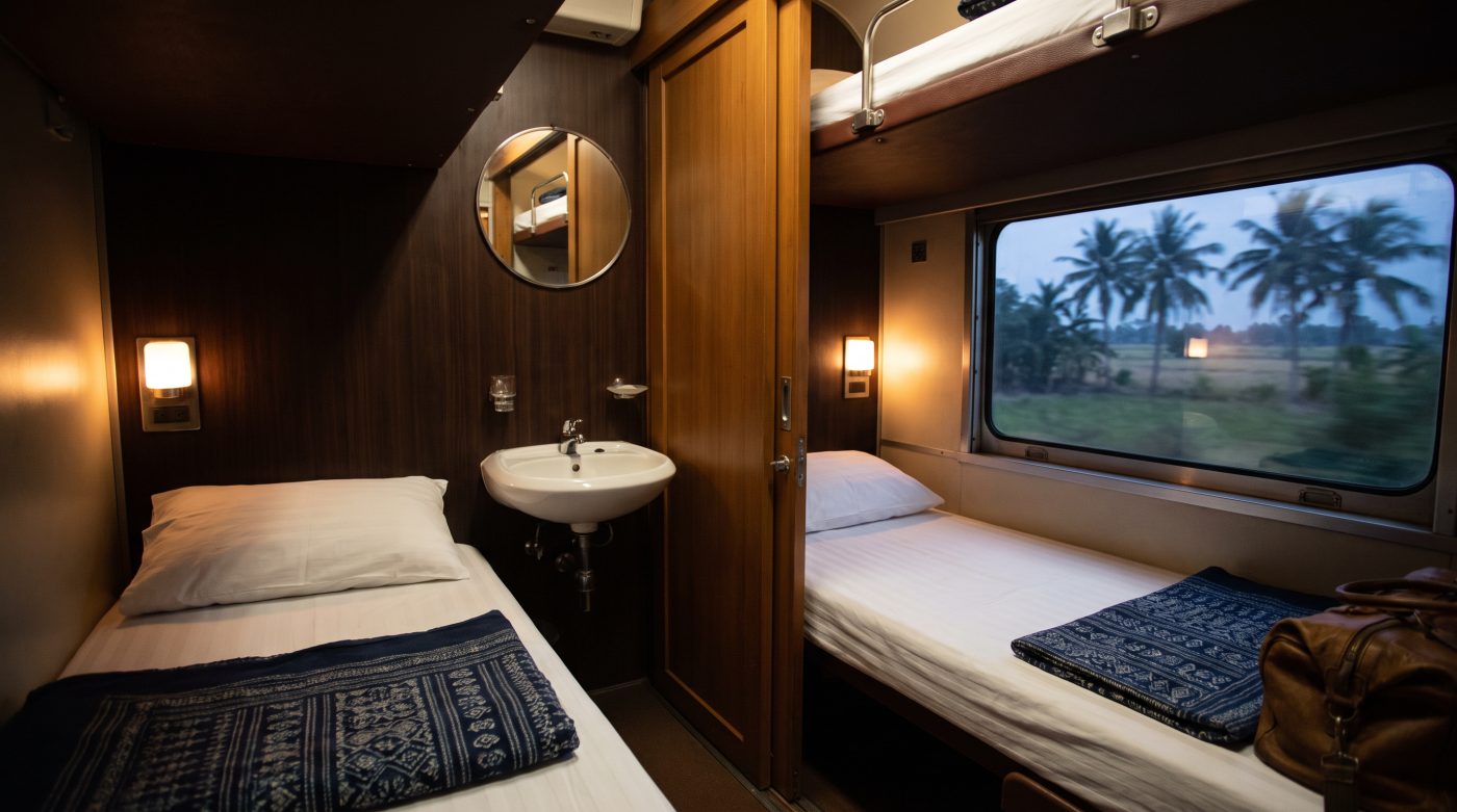 Interior of a private first-class two-berth sleeper cabin on a Thai overnight train