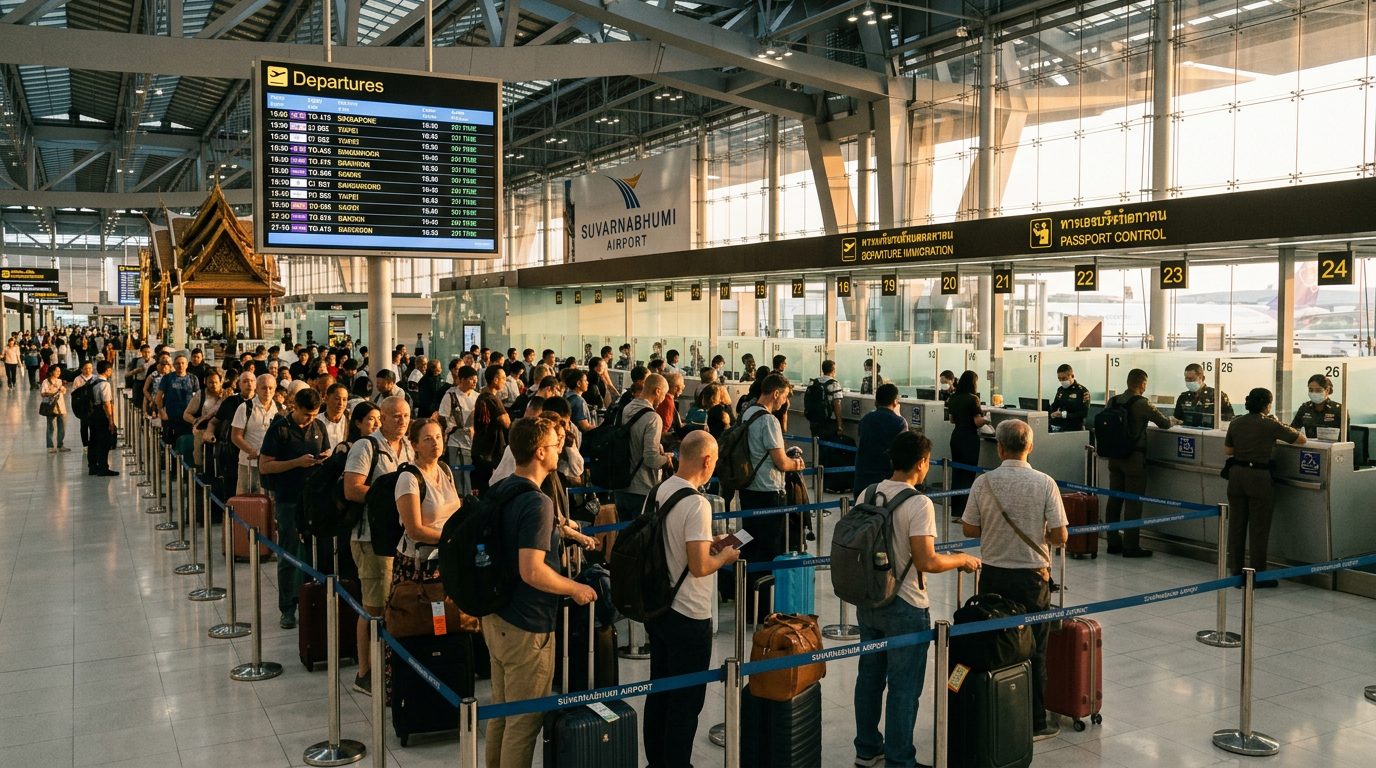 Departure immigration queue at a Thailand international airport