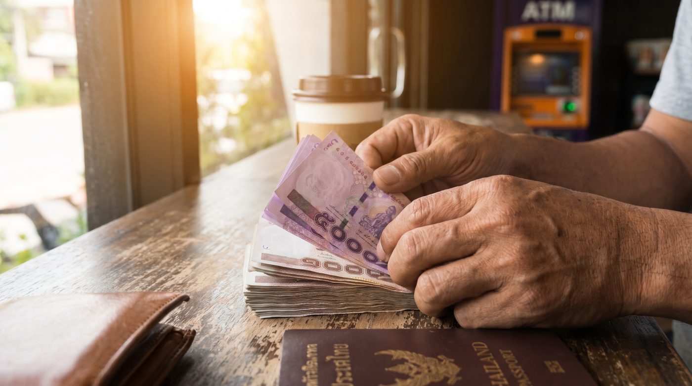 Tourist counting Thai baht banknotes withdrawn from an ATM